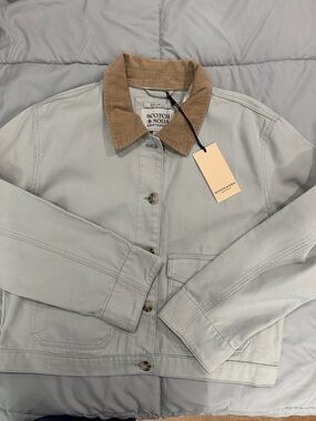 Scotch & Soda Light Gray Button-Up Jacket with Tan Corduroy Collar